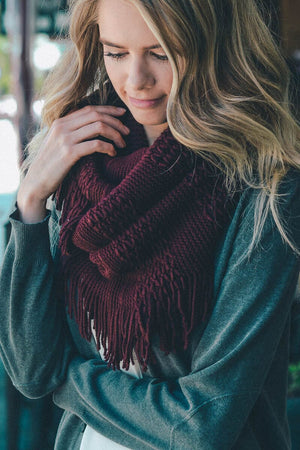 Pointelle Fringe Infinity Scarves Leto Collection Burgundy 