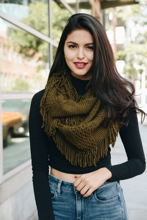 Pointelle Fringe Infinity Scarves Leto Collection Olive 