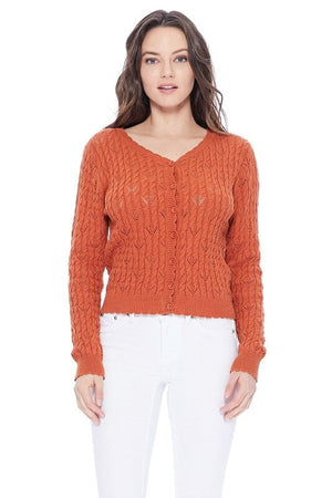 Pointelle Patterned Button Down Sweater Cardigan Mak Dusty Orange S 