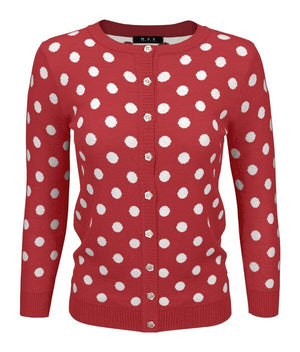 Polka Dot Jacquard 3/4 Sleeve Sweater Cardigan Mak Red/White S 