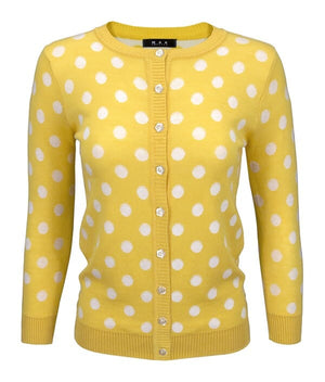 Polka Dot Jacquard 3/4 Sleeve Sweater Cardigan Mak Yellow/White S 