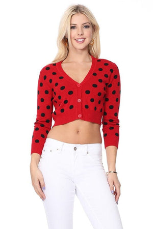 Polka Dot Jacquard Cropped Bolero Sweater Cardigan Mak Red/Black S 