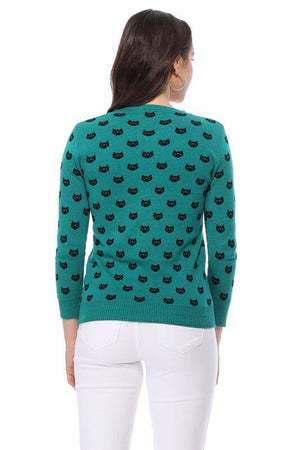 Round Neck Cat Patterned Cardigan Sweater Mak 