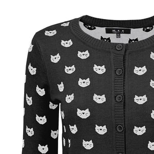 Round Neck Cat Patterned Cardigan Sweater Mak 