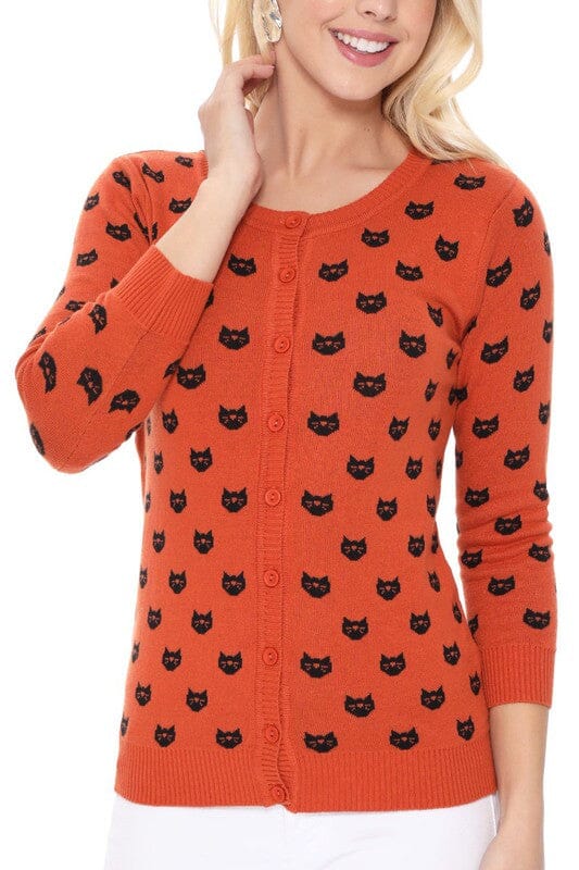 Round Neck Cat Patterned Cardigan Sweater Mak D.Orange/Black S 