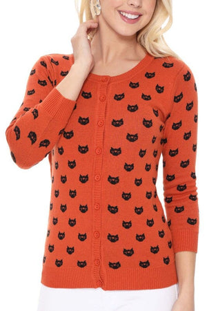 Round Neck Cat Patterned Cardigan Sweater Mak 