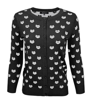 Round Neck Cat Patterned Cardigan Sweater Mak Black/Ivory S 