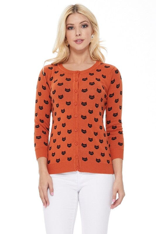 Round Neck Cat Patterned Cardigan Sweater Mak D.Orange/Black S 