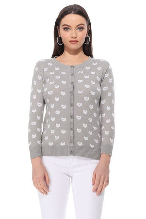 Round Neck Cat Patterned Cardigan Sweater Mak Grey/Ivory S 