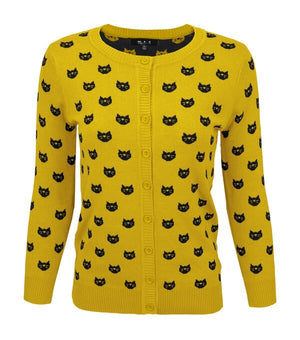 Round Neck Cat Patterned Cardigan Sweater Mak Honey/Black S 