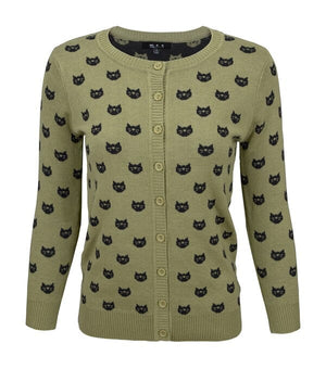 Round Neck Cat Patterned Cardigan Sweater Mak Olive/Black S 