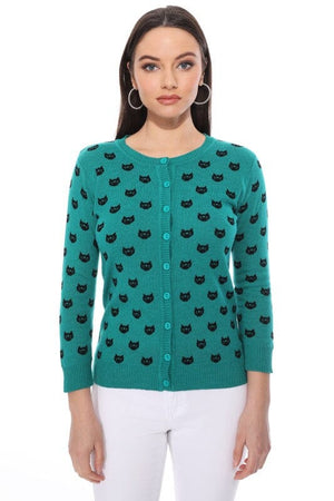 Round Neck Cat Patterned Cardigan Sweater Mak Teal/Black S 