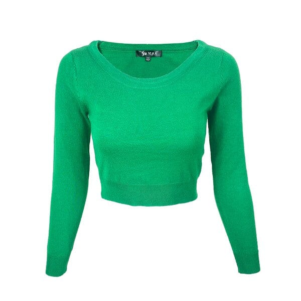 Round Neck Long Slv Crop Sweater Knit Crop Top Mak B.Green S 