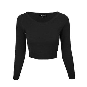 Round Neck Long Slv Crop Sweater Knit Crop Top Mak Black S 