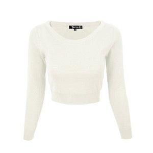 Round Neck Long Slv Crop Sweater Knit Crop Top Mak Oatmeal S 