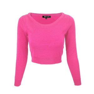 Round Neck Long Slv Crop Sweater Knit Crop Top Mak Red pink S 