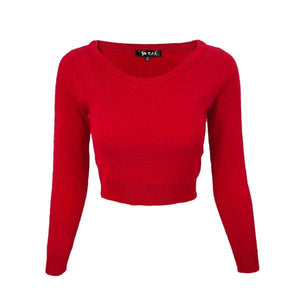 Round Neck Long Slv Crop Sweater Knit Crop Top Mak Red S 