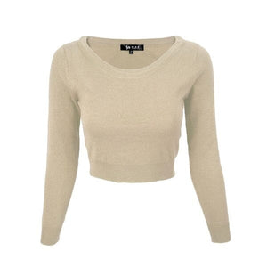 Round Neck Long Slv Crop Sweater Knit Crop Top Mak Taupe S 