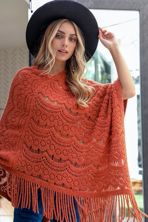 Scallop Lace Knit Poncho Ponchos Leto Collection Rust 