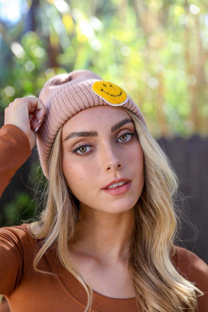 Smiley Face Ribbed Beanie 🙂 Beanies Leto Collection Beige 