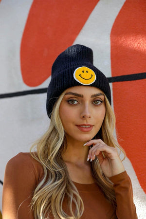 Smiley Face Ribbed Beanie 🙂 Beanies Leto Collection Black 