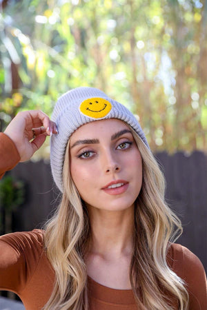 Smiley Face Ribbed Beanie 🙂 Beanies Leto Collection Gray 