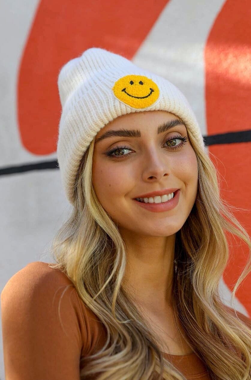 Smiley Face Ribbed Beanie 🙂 Beanies Leto Collection Ivory 