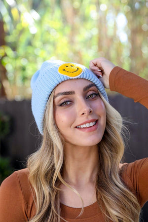 Smiley Face Ribbed Beanie 🙂 Beanies Leto Collection Light Blue 