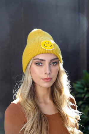 Smiley Face Ribbed Beanie 🙂 Beanies Leto Collection Mustard 