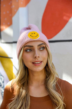 Smiley Face Ribbed Beanie 🙂 Beanies Leto Collection Pink 