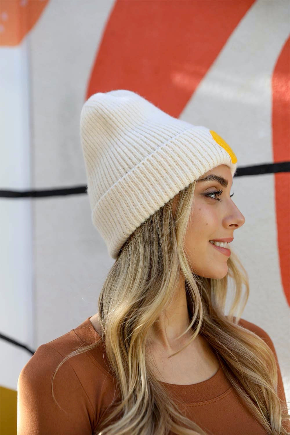 Smiley Face Ribbed Beanie Beanies Ivory