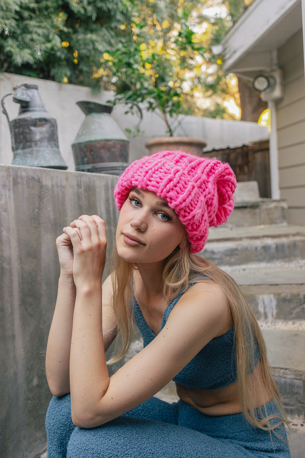 Soft Chunky Cable Knit Beanie Beanies Pink