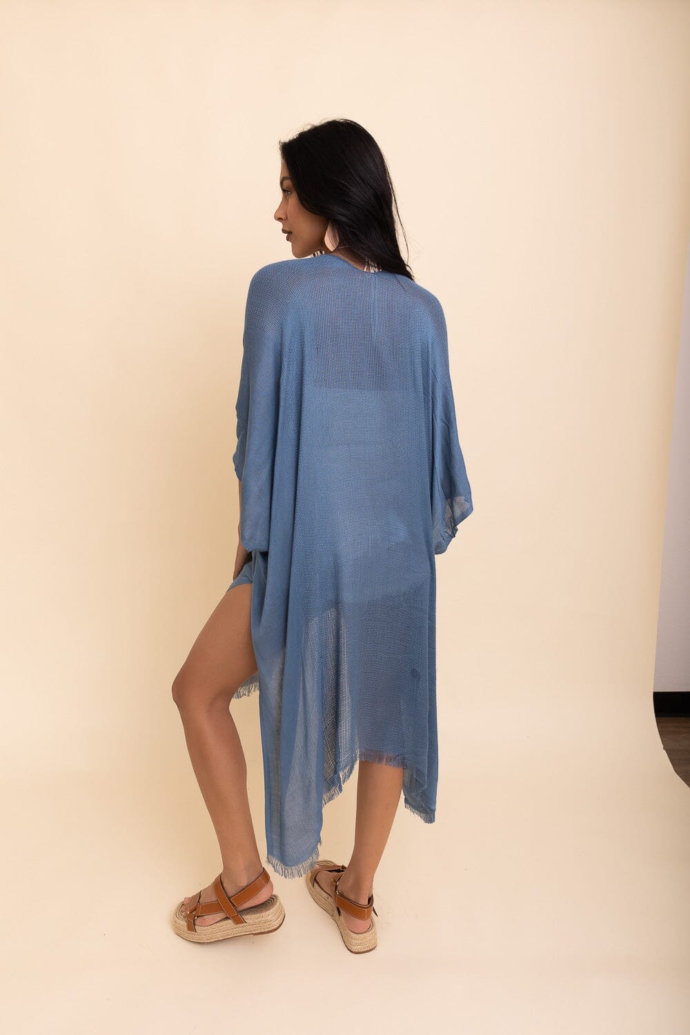 Sun-kissed Breeze Frayed Trim Kimono Ponchos Leto Collection Vintage Blue 