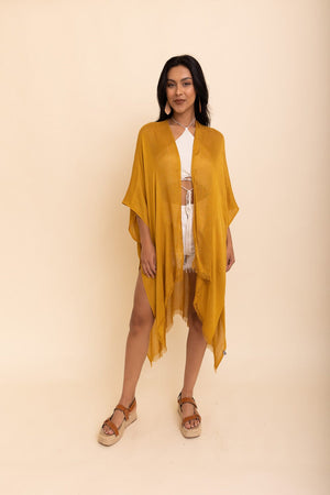 Sun-kissed Breeze Frayed Trim Kimono Ponchos Leto Collection Golden Rod 