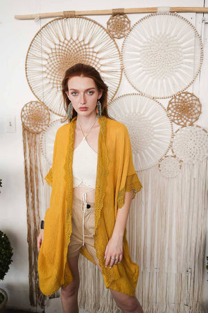 Sunshine Lace Trim Kimono Kimono Leto Collection Mustard 