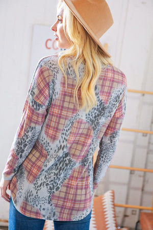 Taupe Leopard Plaid Rib Knit Round Neck Pullover Viamor 