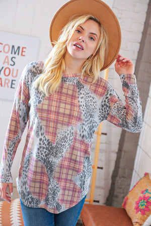 Taupe Leopard Plaid Rib Knit Round Neck Pullover Viamor 