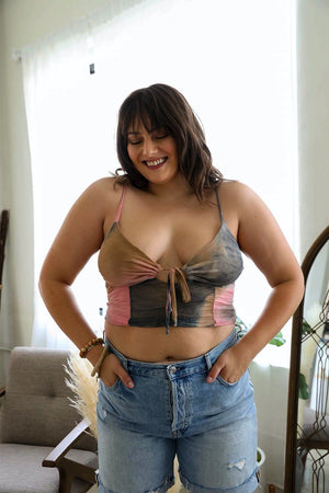 Tie Dye Mesh Keyhole Brami Plus Size Camel/Pink