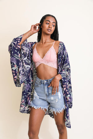 Tropical Vibe Draped Sleeve Kimono One Size / Navy