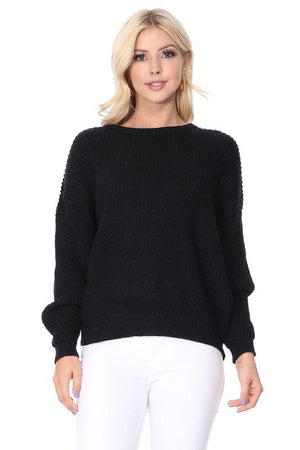 Waffle Stitch Bat Wing Bow Back Pullover Sweater Mak 