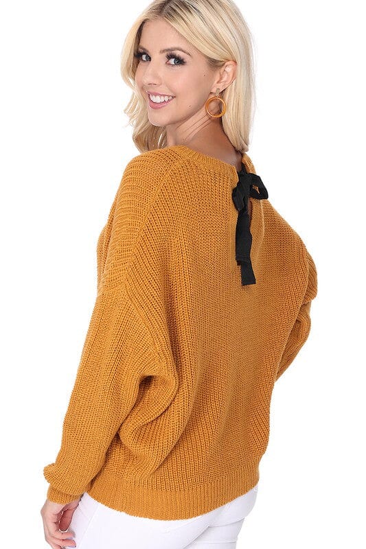 Waffle Stitch Bat Wing Bow Back Pullover Sweater Mak Ivory S 