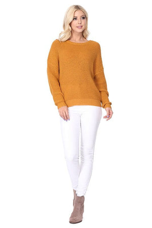 Waffle Stitch Bat Wing Bow Back Pullover Sweater Mak 