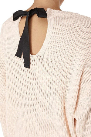 Waffle Stitch Bat Wing Bow Back Pullover Sweater Mak 