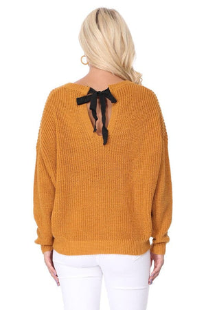 Waffle Stitch Bat Wing Bow Back Pullover Sweater Mak 