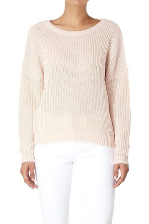 Waffle Stitch Bat Wing Bow Back Pullover Sweater Mak Blush S 