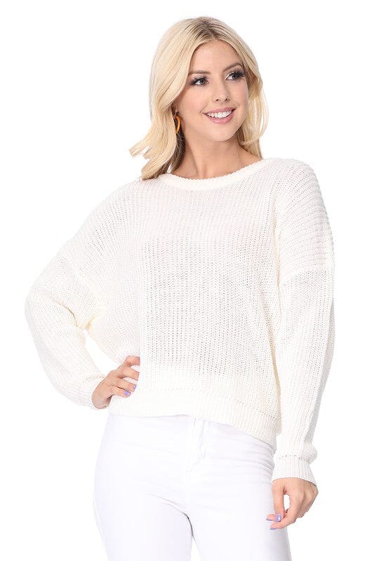 Waffle Stitch Bat Wing Bow Back Pullover Sweater Mak Ivory S 