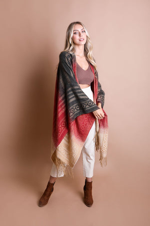 Western Style Colorblend Tassel Serape Ponchos Berry