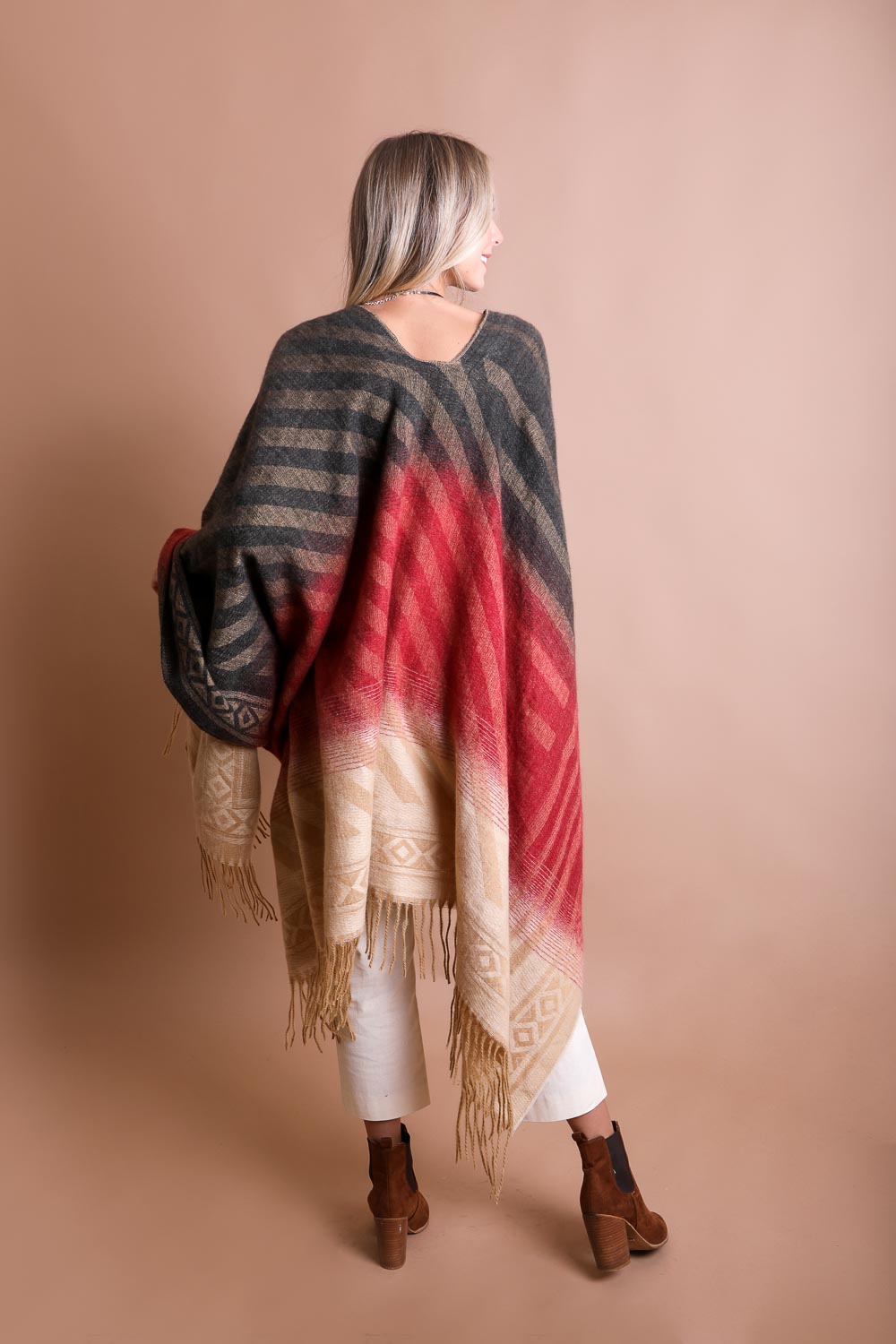 Western Style Colorblend Tassel Serape Ponchos Berry