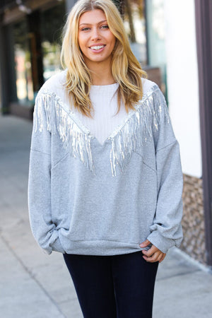 White/Grey Cable Knit Sequin Tassel Hacci Sweater Sugarfox 