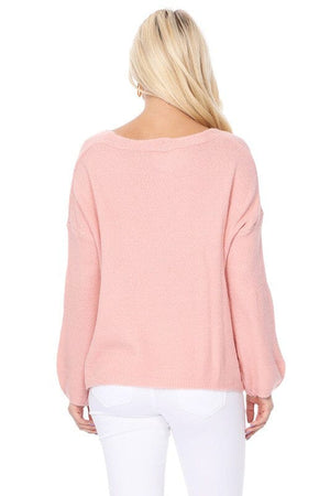 Wide V-Neck Oversized Sweater Top w. Side Slit Mak 
